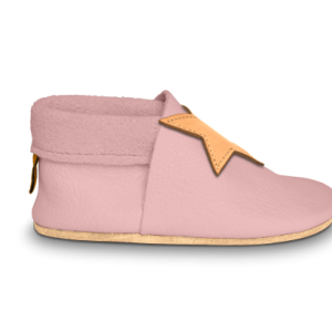 CHAUSSON CUIR ROSE MOTIF ETOILE SOUPLE ET BAREFOOT POUR PREMIERS PAS